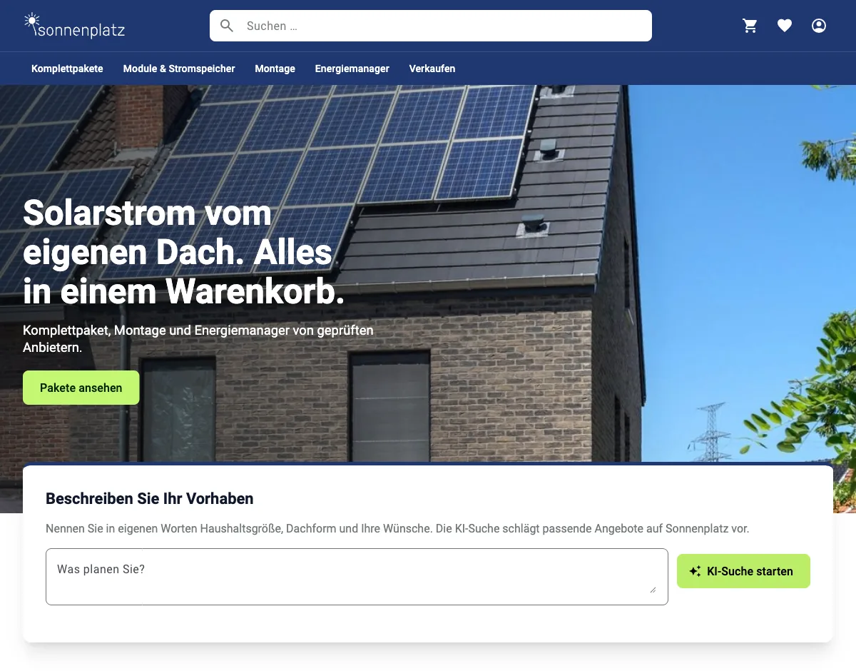 Startseite eines Marktplatzes für Solartechnik mit Titelbild und KI-Suche
